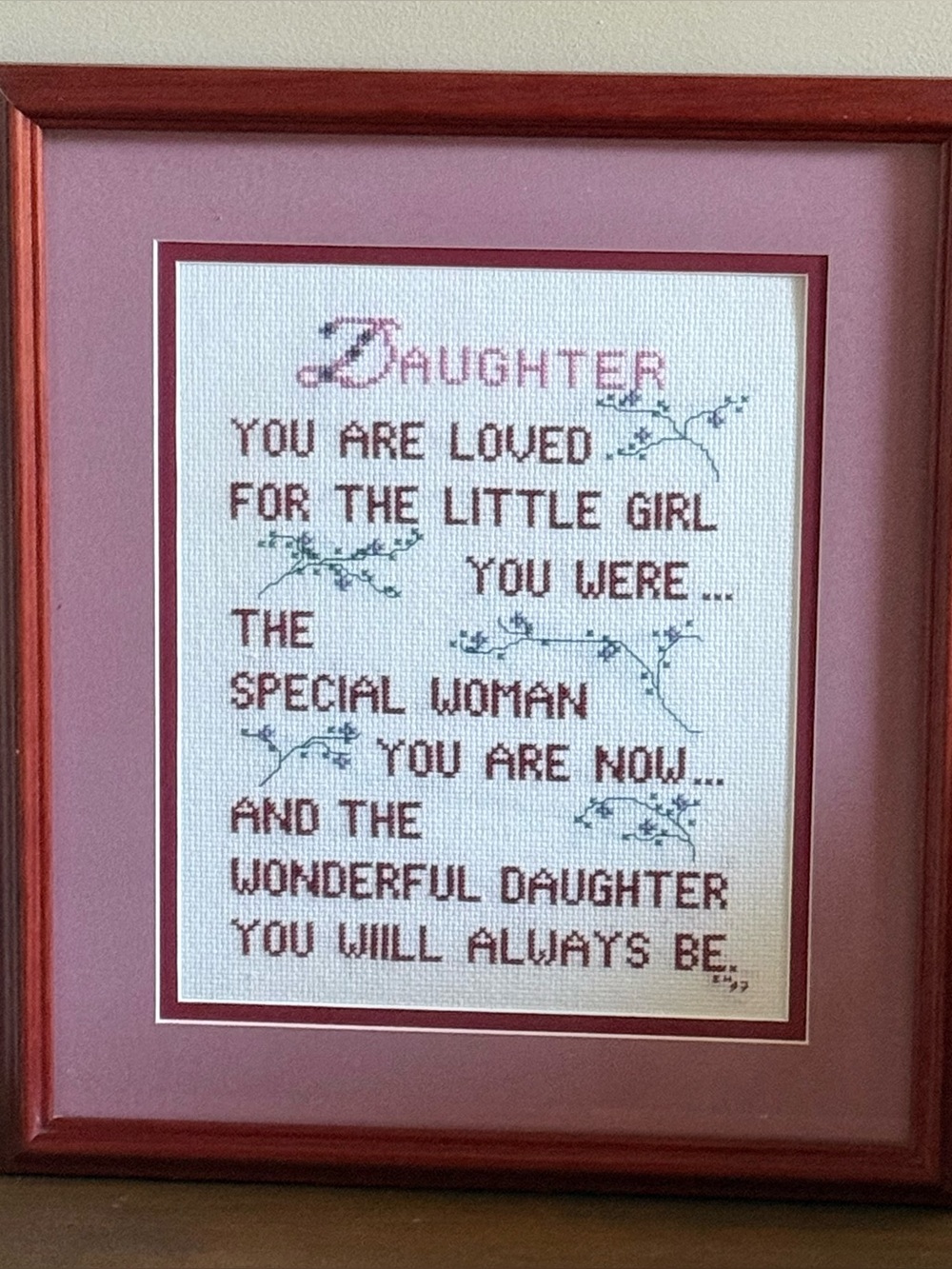 Framed 'Daughter' Sentiment Cross-Stitch Wall Art - Mauve Wood Frame